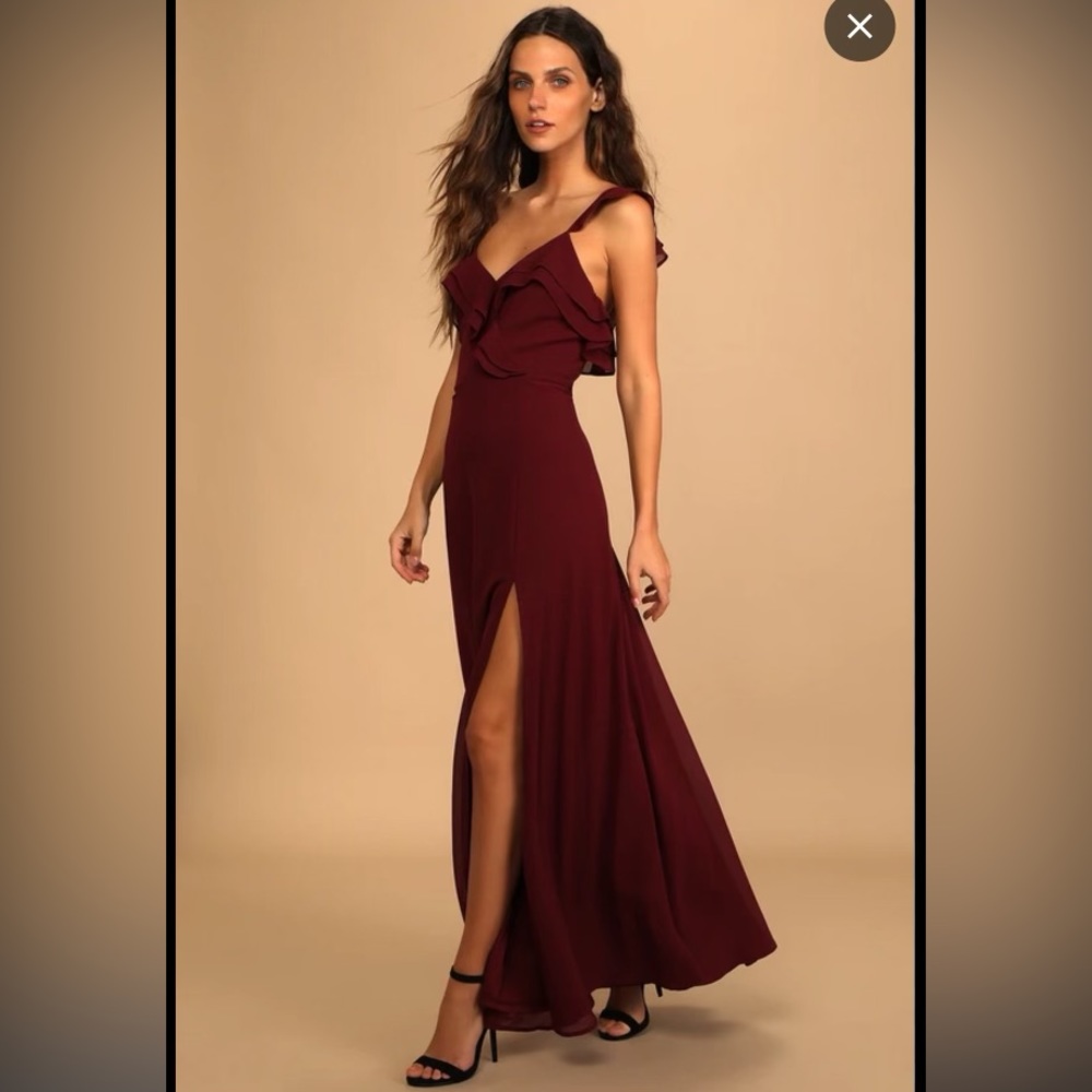 Lulu’s Adoring Glances Burgundy Ruffled Maxi Dress